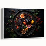 Extra large vintage poster art of colorful fruits on a white framed canvas, ideal for living room decor.