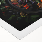 Art deco poster of colorful assorted fruits on a rolled canvas, suitable for dining room wall art.
