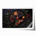 Extra large rolled print featuring an assortment of vibrant fruits on a light background, ideal for dining room decor.