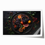 Extra large rolled print featuring an assortment of vibrant fruits on a light background, ideal for dining room decor.