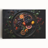Black and white stretched canvas featuring an assortment of fruits, ideal for kitchen wall art.