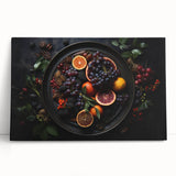 Large black and white photo of assorted fruits on stretched canvas, ideal for kitchen wall art.