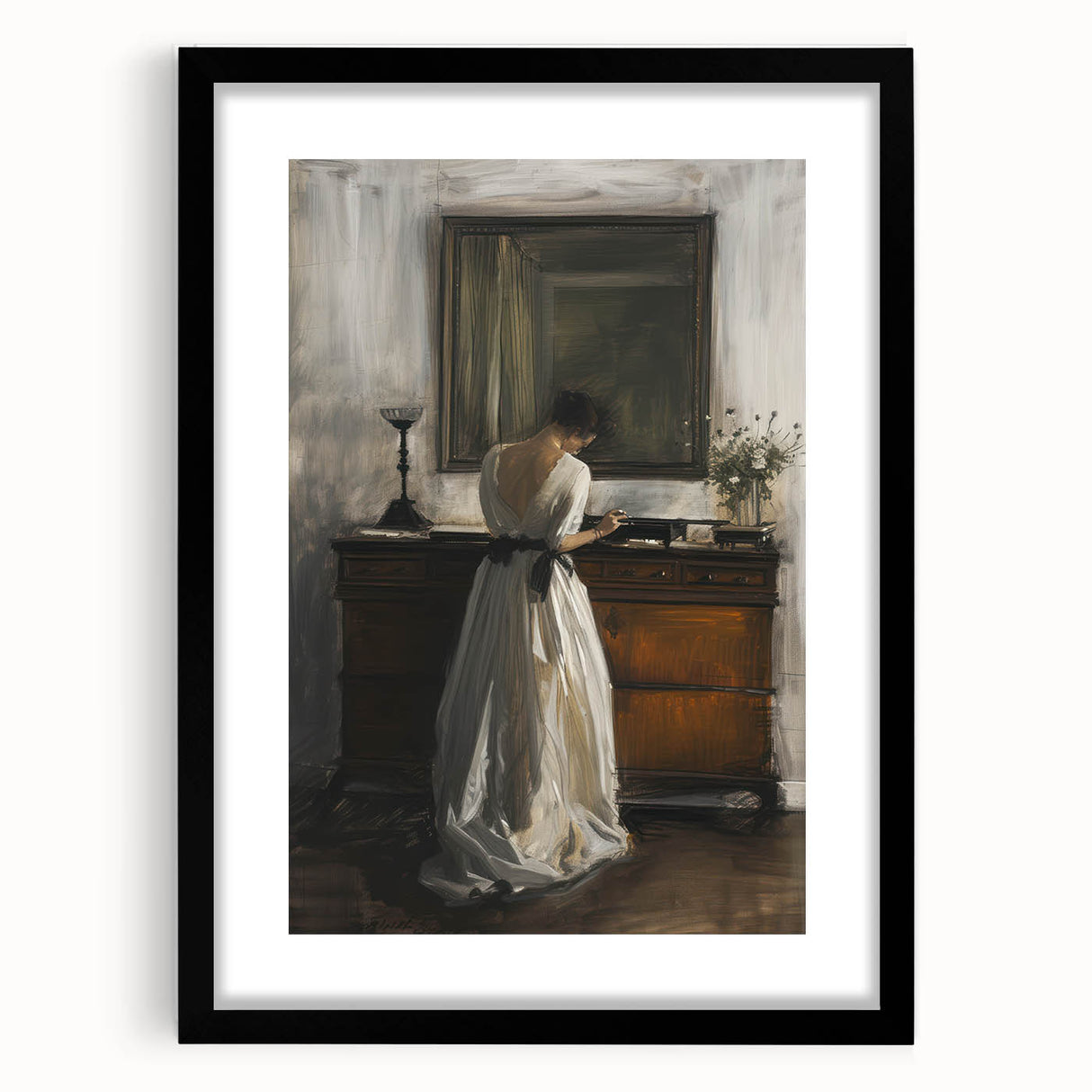 Abstract figurative art frame with a black mat, showcasing a modern design that adds elegance to any space. Ideal for contemporary home decor or gallery displays.