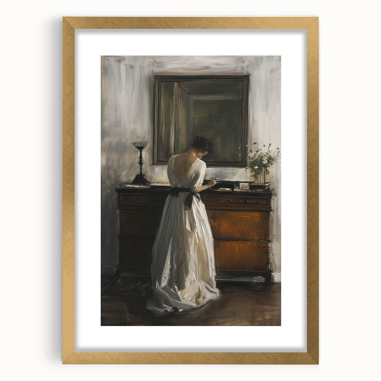 Abstract figurative artwork framed in gold with a mat, showcasing vibrant colors and intricate details, perfect for modern home decor and art enthusiasts.