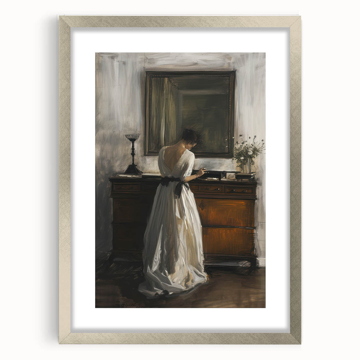 Abstract figurative artwork framed in a sleek silver mat, showcasing vibrant colors and dynamic shapes, perfect for modern home decor and artistic expression.