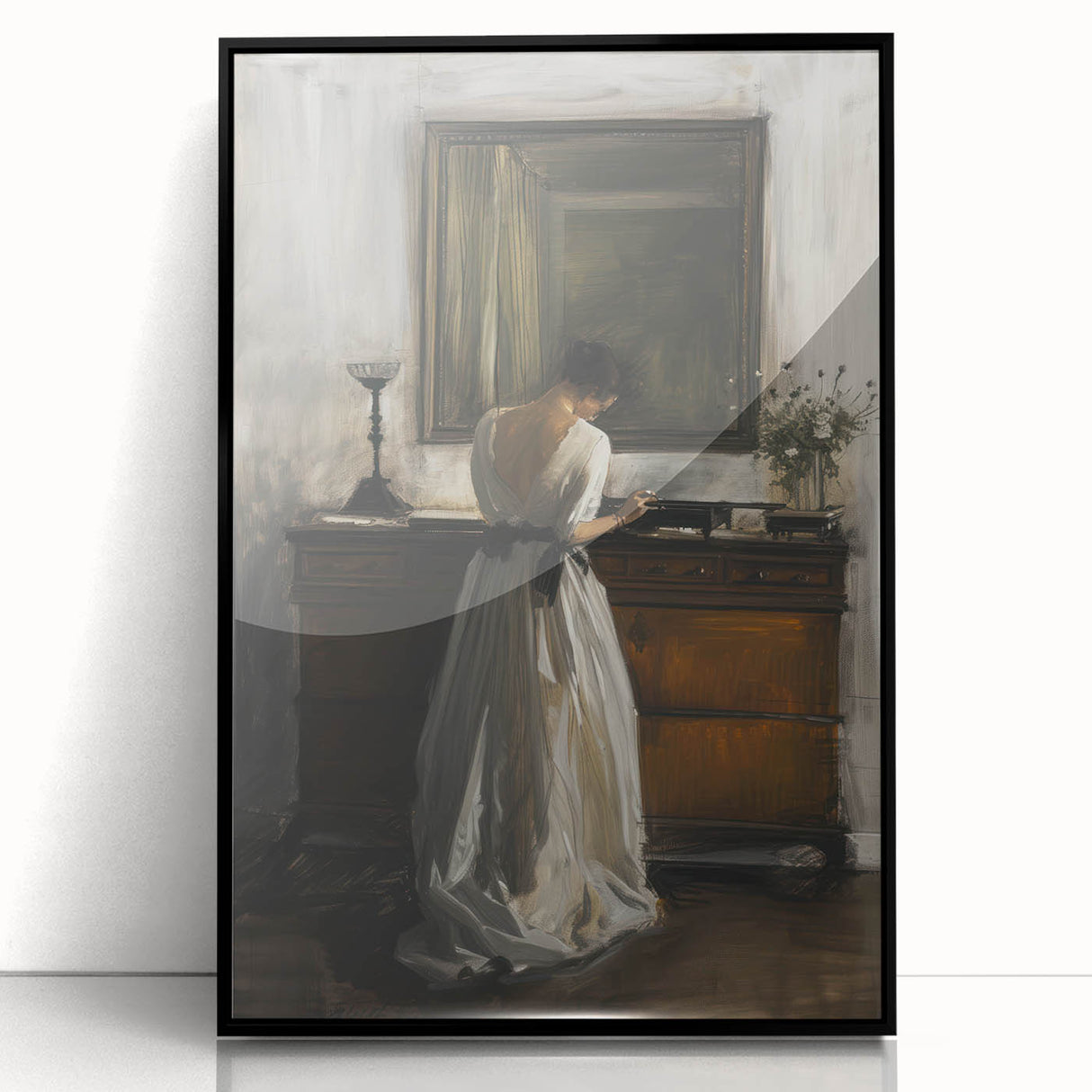 Abstract figurative art print in a sleek black frame, showcasing vibrant colors and dynamic shapes. Ideal for modern home décor, adding a contemporary touch to any space.