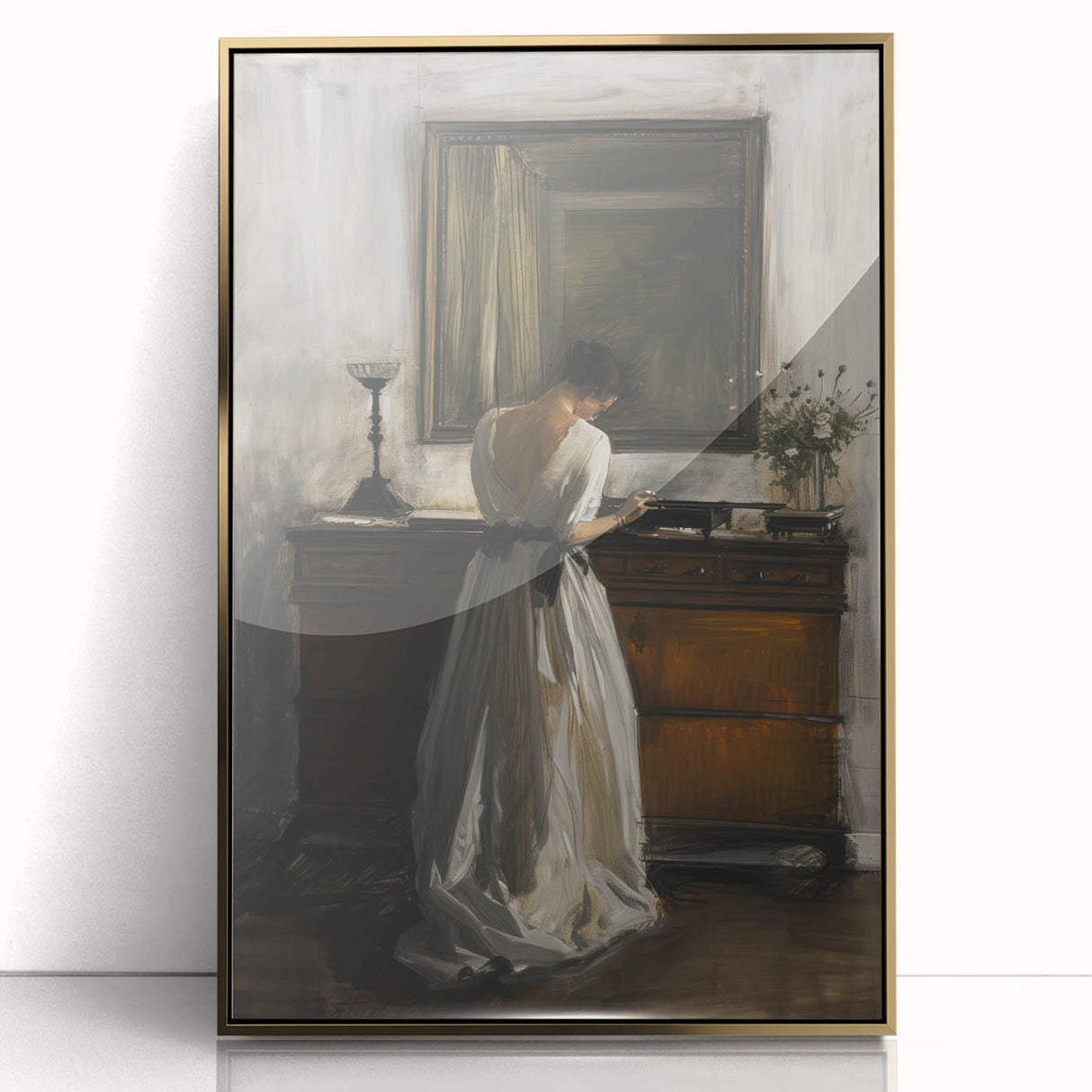 Abstract figurative art piece in a gold frame, showcasing vibrant colors and fluid shapes, ideal for modern decor. Perfect for enhancing living spaces or art collections.