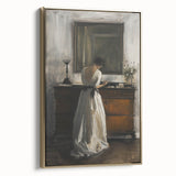 Abstract figurative framed canvas wall art with golden accents, showcasing a modern design in a side view, perfect for contemporary home decor.