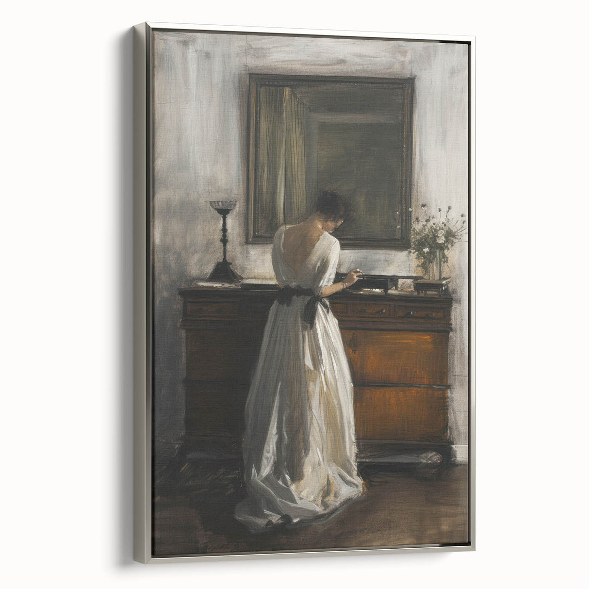 Silver-framed abstract figurative canvas artwork showcasing vibrant colors and intricate details, ideal for modern home decor and artistic expression.