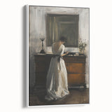 Framed abstract figurative canvas artwork in a white frame, showcasing vibrant colors and dynamic shapes, ideal for modern home decor. The piece adds a contemporary touch to any living space, enhancing the overall aesthetic.