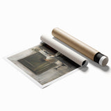 Abstract figurative wall art print showcasing vibrant colors and dynamic shapes, rolled for easy shipping, perfect for modern home decor.