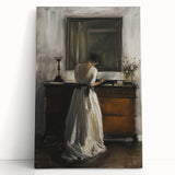 Abstract figurative stretched canvas artwork featuring vibrant colors and dynamic shapes, leaning against a neutral wall, adding a modern artistic touch to interior decor.