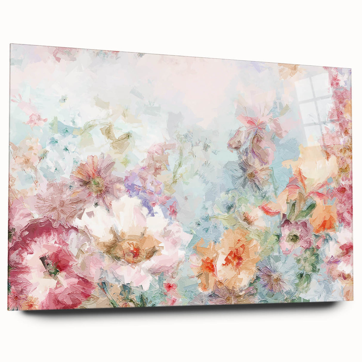 Abstract floral acrylic glass artwork showcasing vibrant colors and intricate designs, displayed in a side view without pins, perfect for modern home decor.