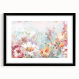 Abstract floral artwork framed in black with a white mat, showcasing vibrant colors and intricate designs, perfect for modern home decor.