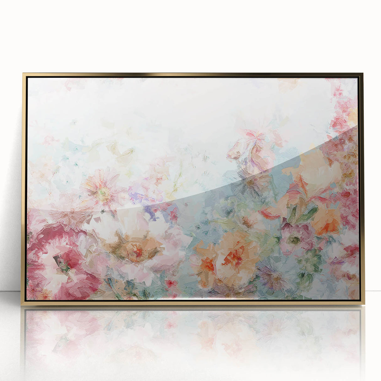 Framed acrylic artwork featuring vibrant abstract floral designs in gold and pastel colors, perfect for modern home decor. Ideal for adding a touch of elegance to any space.