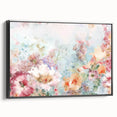 Framed abstract floral canvas artwork showcasing vibrant colors and intricate details, presented with a sleek black frame, ideal for modern home decor.