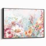 Framed abstract floral canvas artwork showcasing vibrant colors and intricate details, presented with a sleek black frame, ideal for modern home decor.