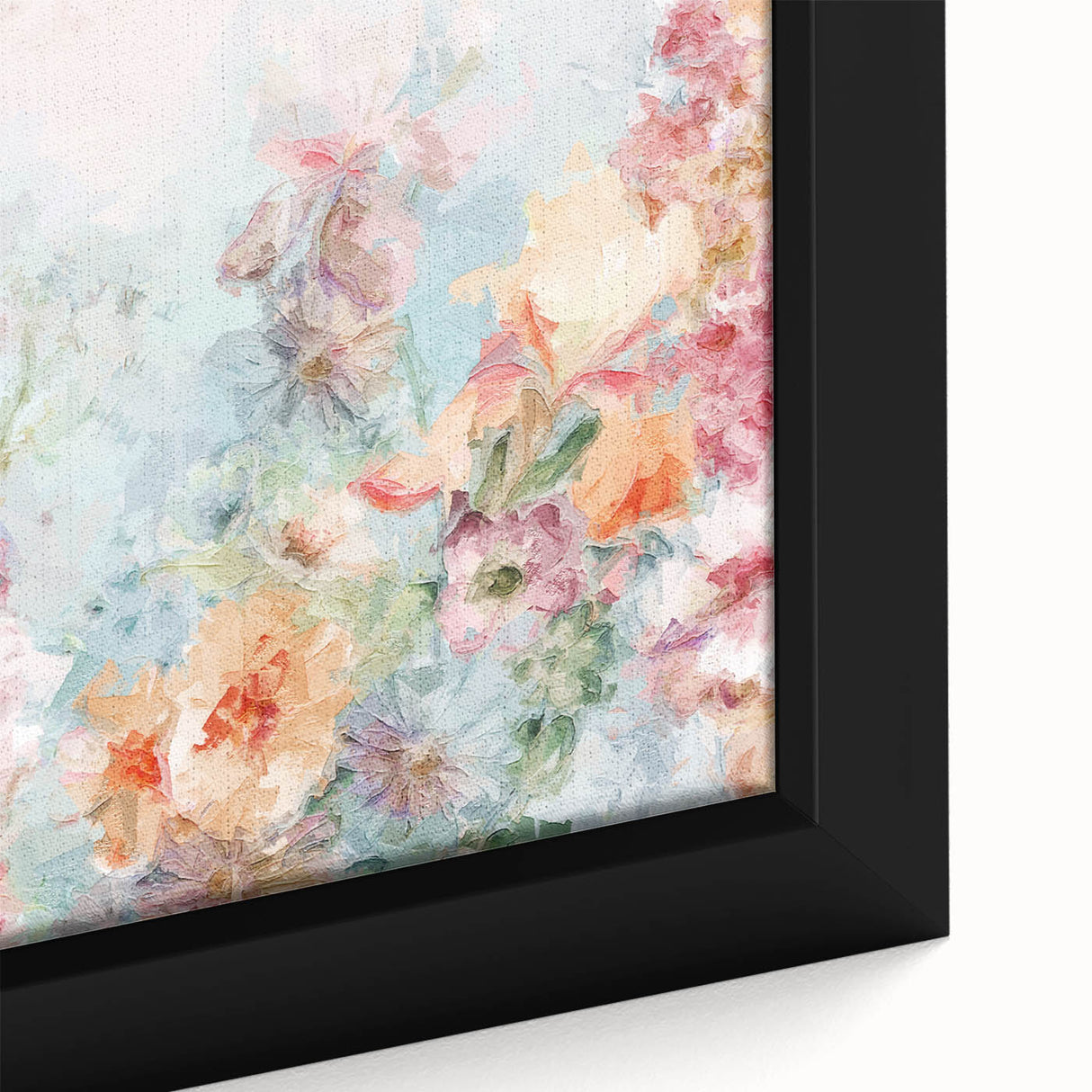 Close-up of a vibrant framed canvas showcasing abstract floral designs in rich colors, ideal for contemporary home decor, enhancing any living space with artistic flair.