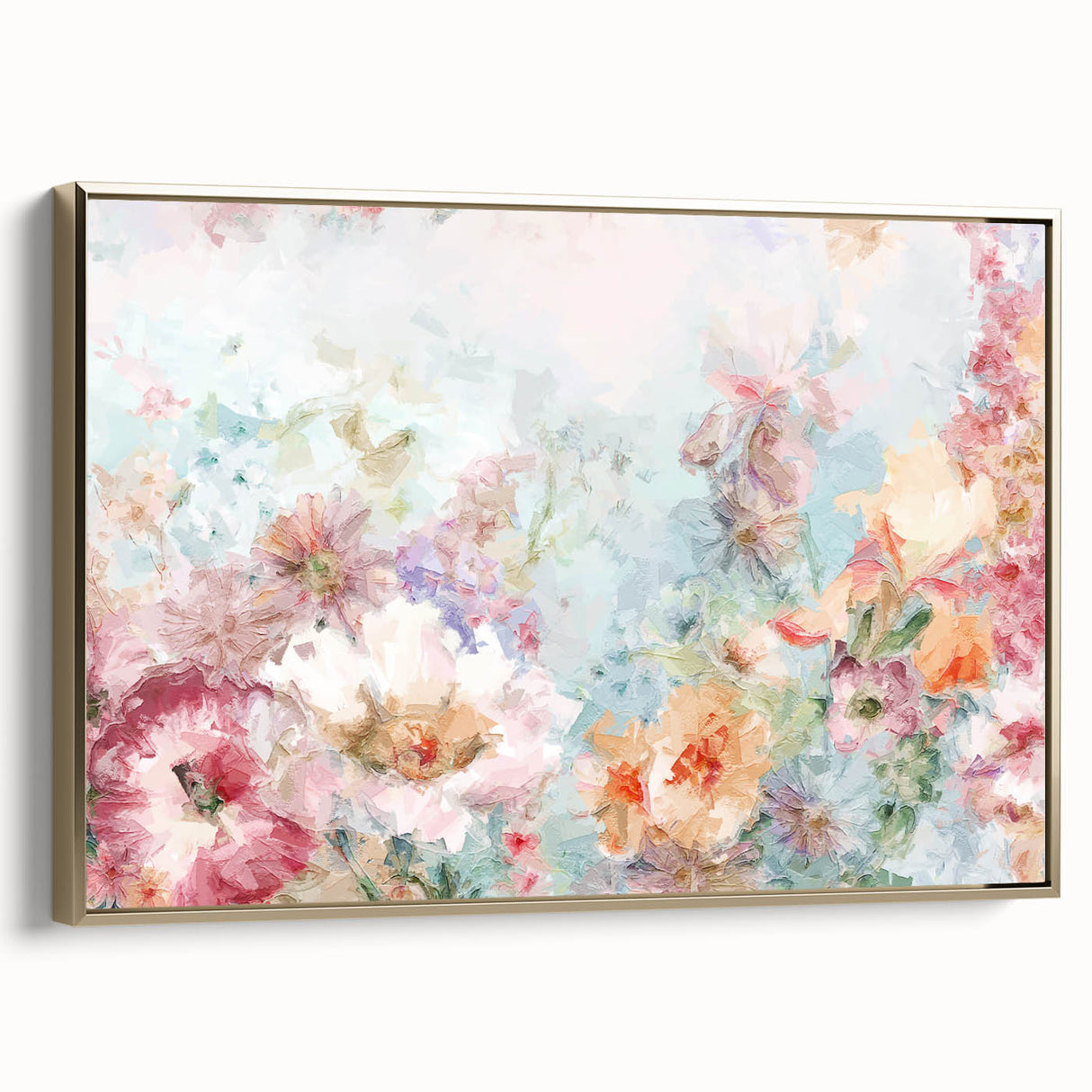 Abstract floral framed canvas artwork showcasing vibrant gold accents and intricate patterns, elegantly displayed from a side view, perfect for modern home decor.