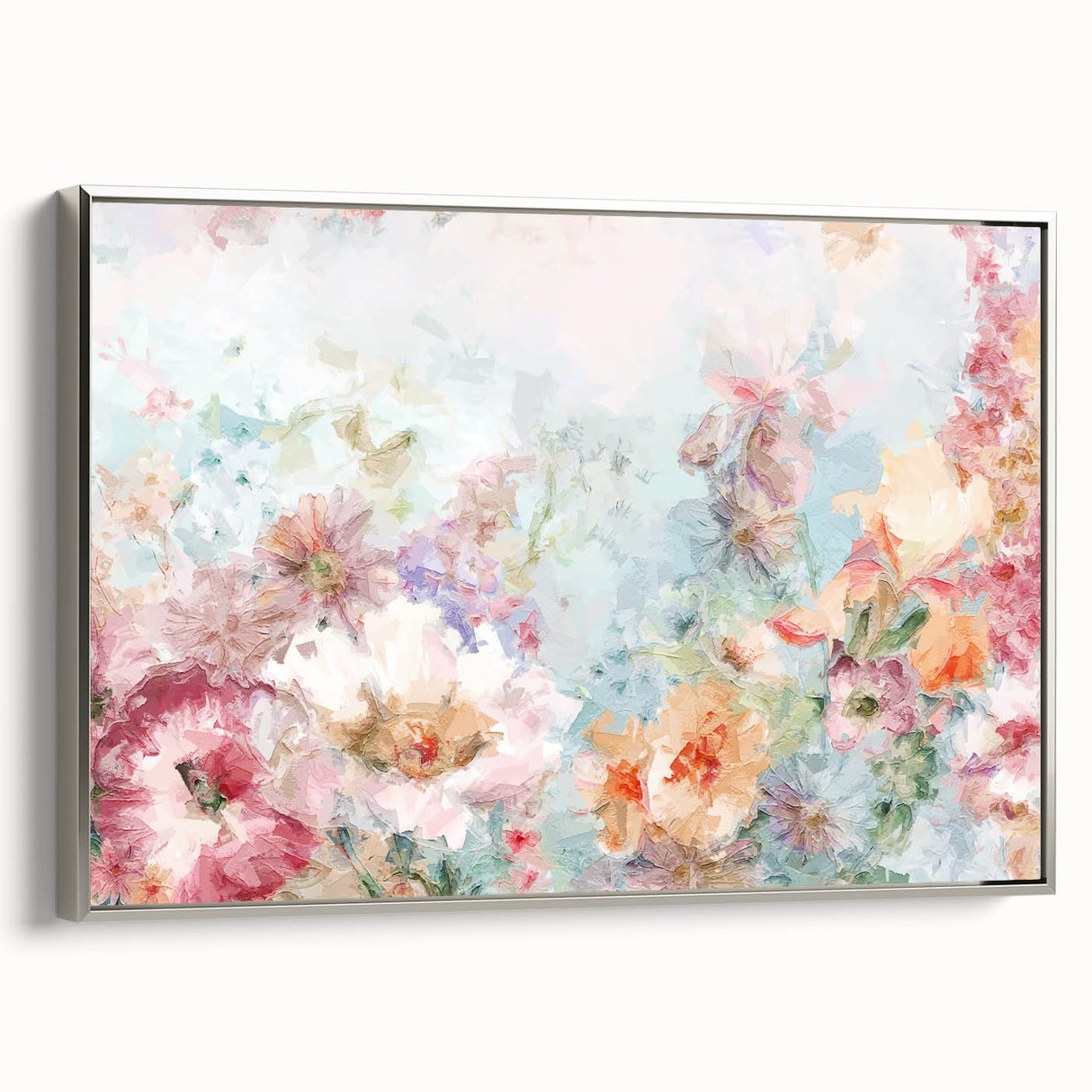 Framed canvas artwork showcasing abstract floral designs in vibrant colors, featuring a sleek silver frame. Ideal for modern home decor and art enthusiasts.