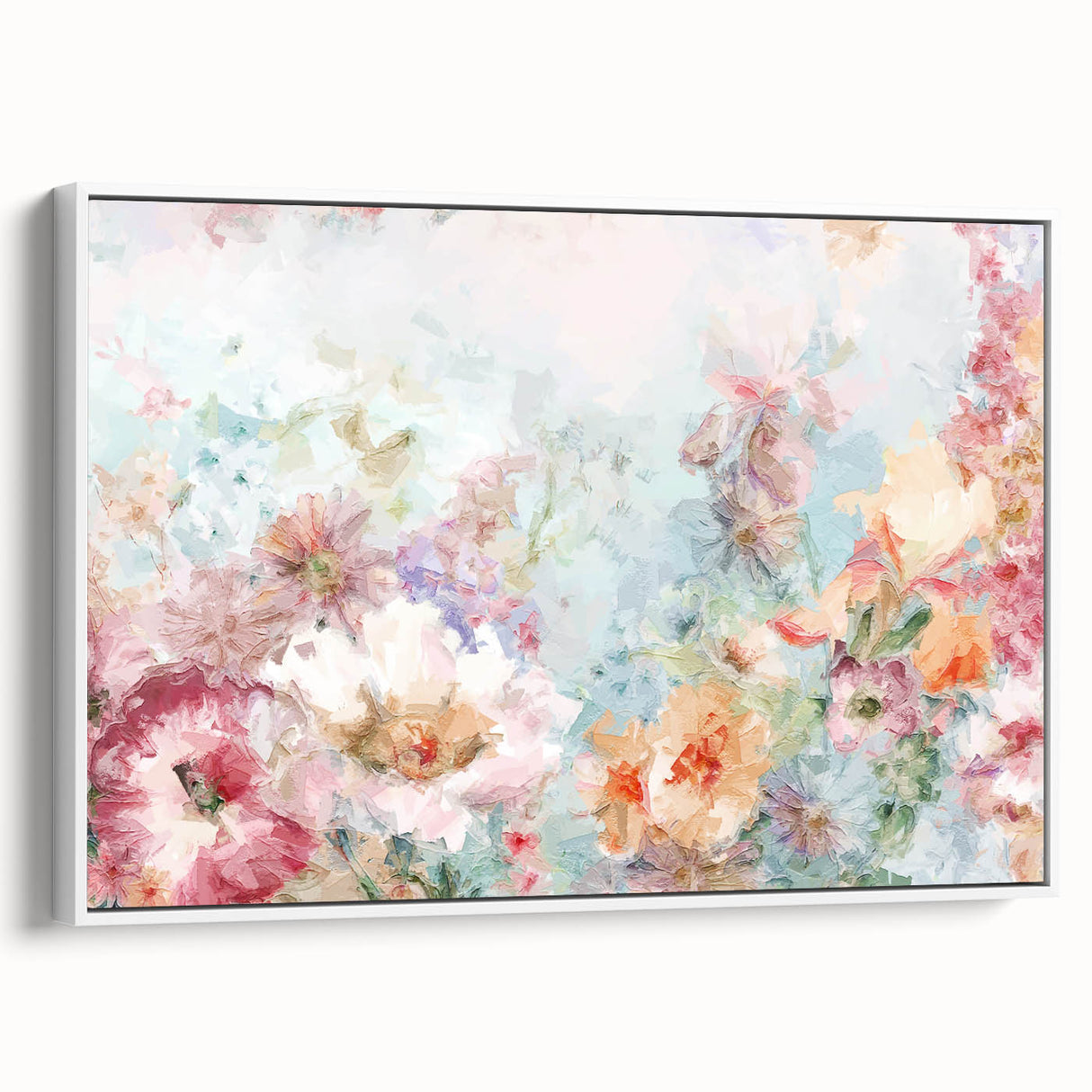 Abstract floral framed canvas artwork showcasing vibrant colors and intricate designs, displayed in a stylish white frame, perfect for modern home decor.