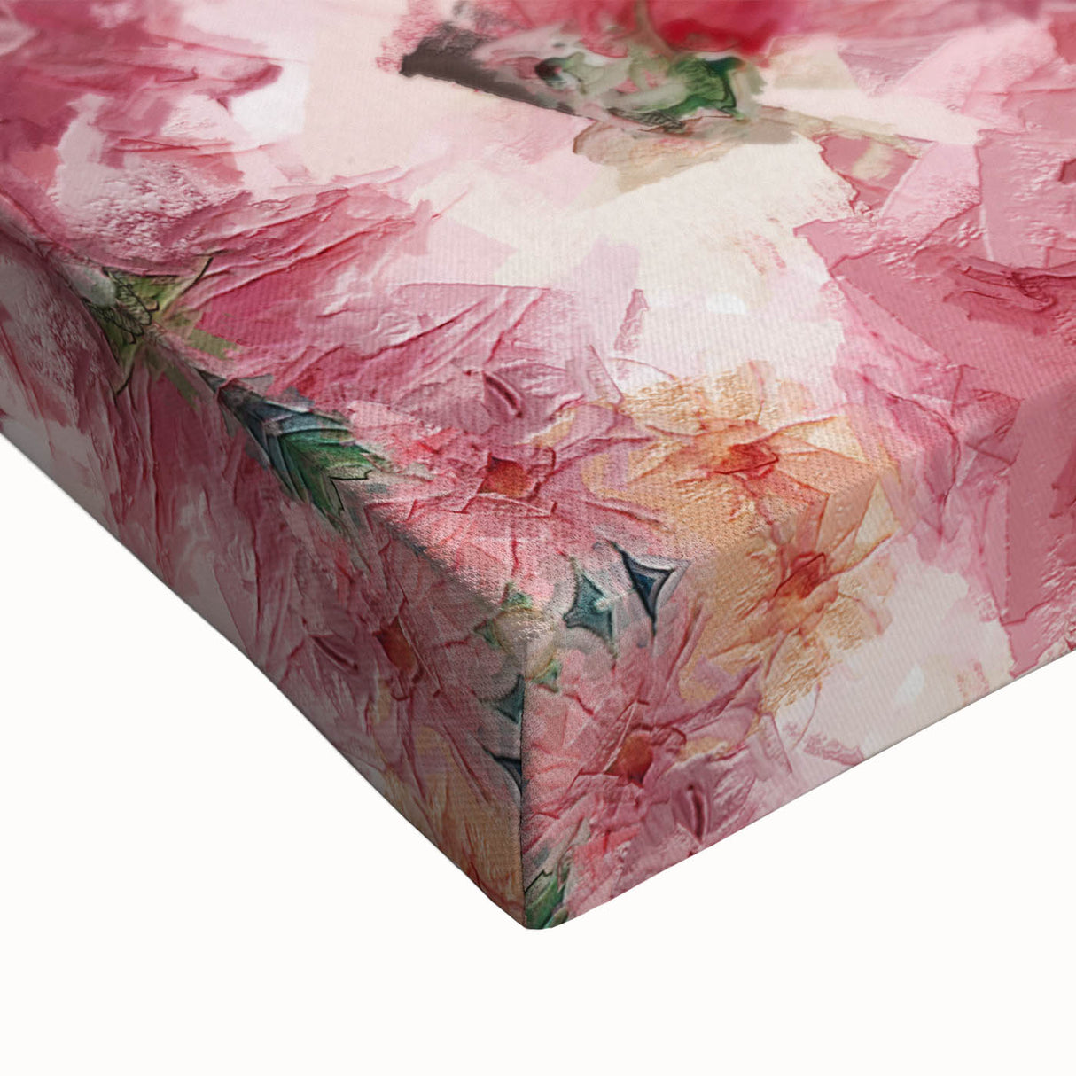 Close-up of a vibrant abstract floral stretched canvas, showcasing bold colors and intricate patterns, perfect for modern home decor accents.