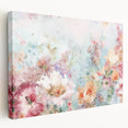Abstract floral design on stretched canvas, showcasing vibrant colors like teal and gold, elegantly displayed from a side view, perfect for home decor enhancement.