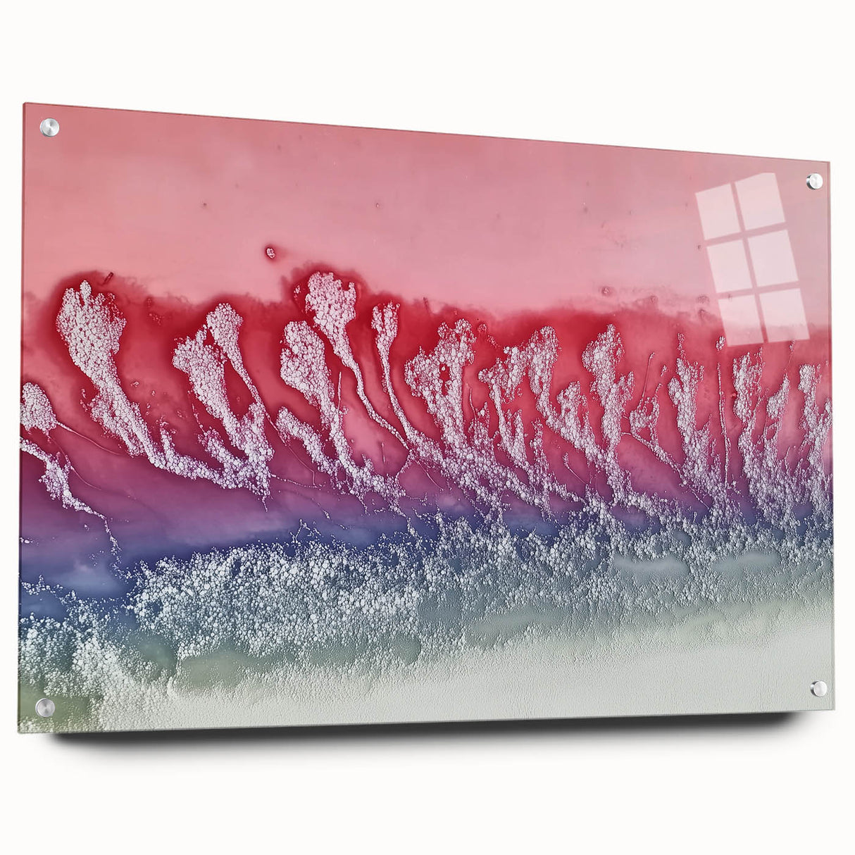 Abstract landscape design printed on acrylic glass, showcasing vibrant colors and fluid shapes, elegantly displayed from the side with pin supports, ideal for modern decor.