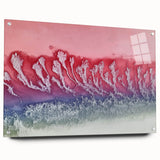 Abstract landscape design printed on acrylic glass, showcasing vibrant colors and fluid shapes, elegantly displayed from the side with pin supports, ideal for modern decor.