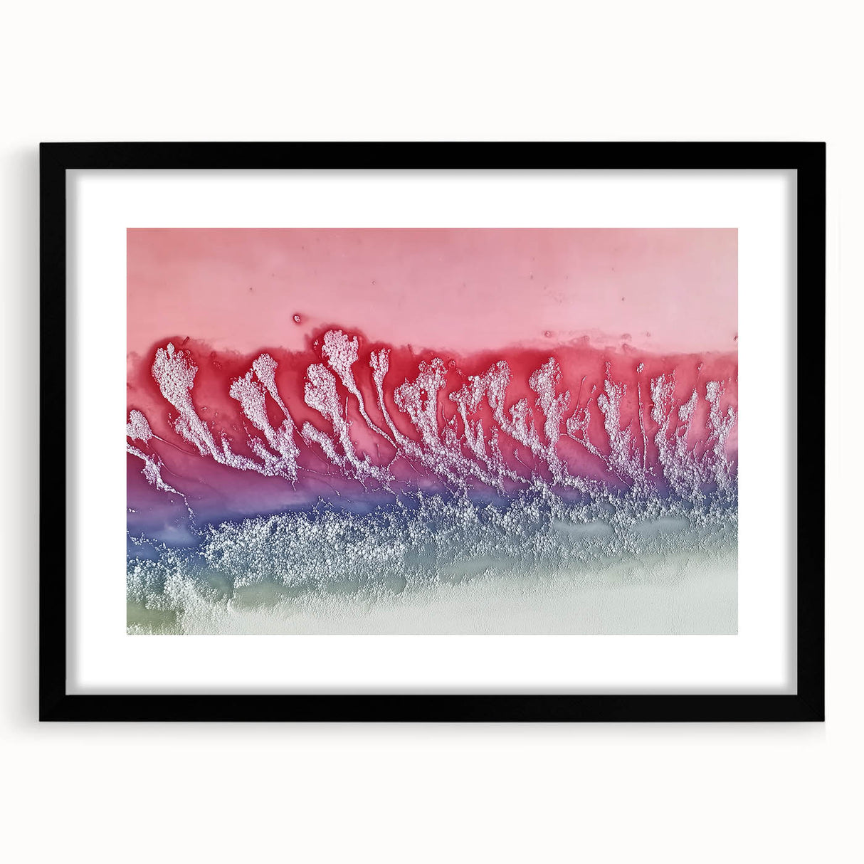 Abstract landscape artwork framed in sleek black, showcasing vibrant colors and intricate textures, ideal for modern home decor or office settings.