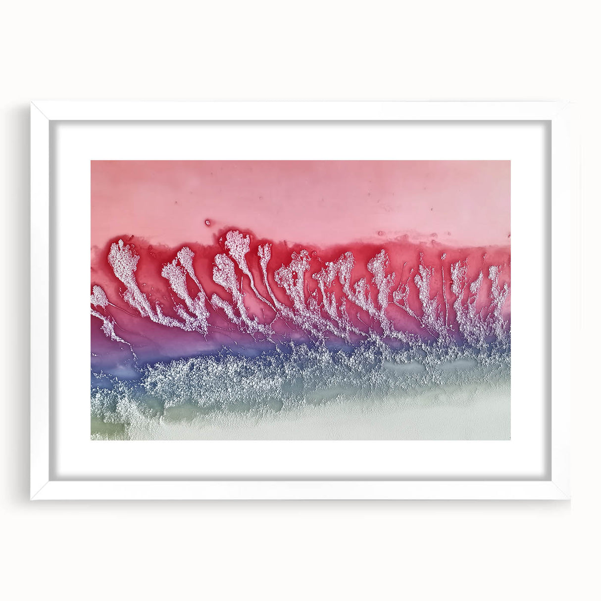 Abstract landscape framed artwork with a white mat, showcasing vibrant colors and dynamic shapes, perfect for modern home decor or office style enhancement.