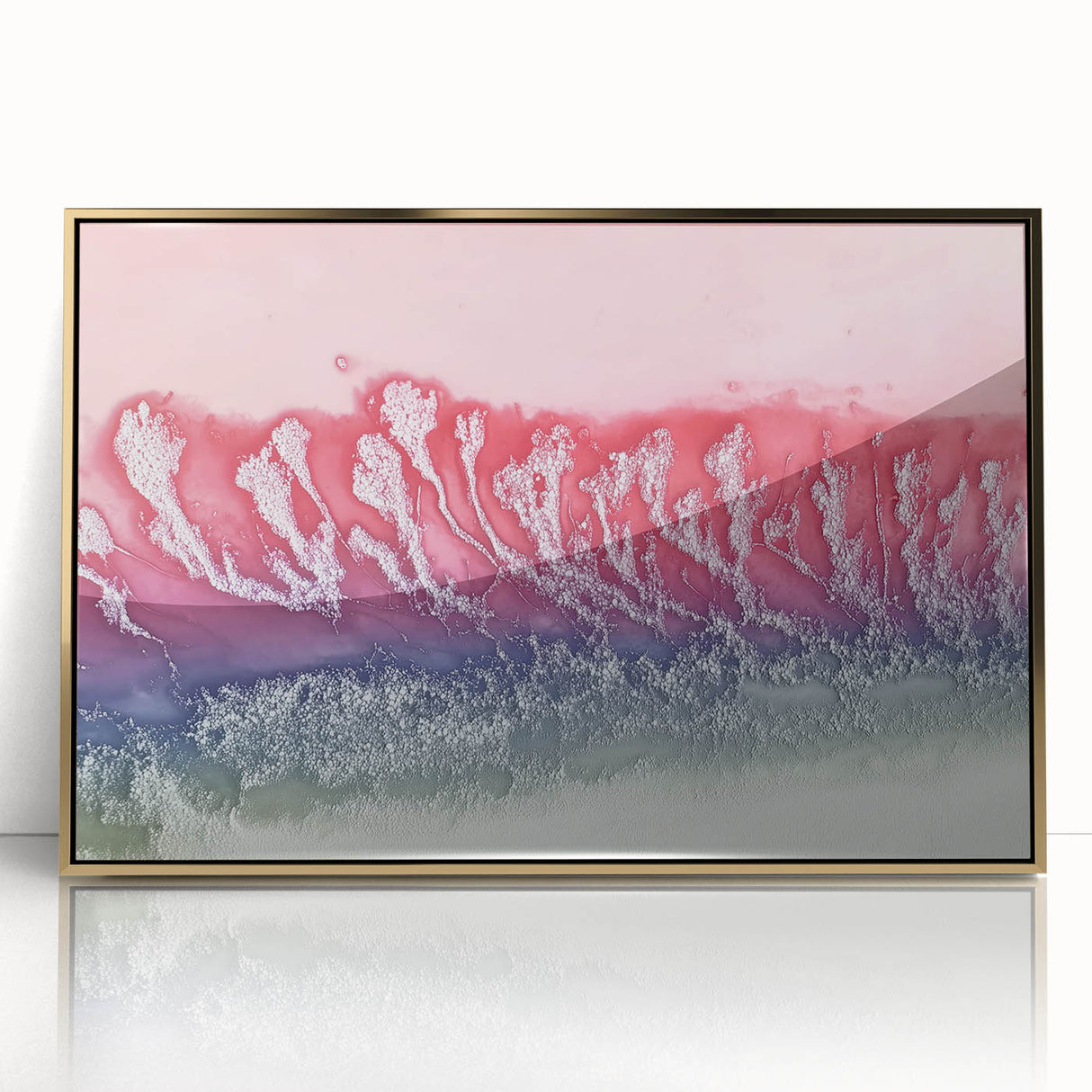 Abstract landscape artwork in a gold-framed acrylic design, showcasing vibrant colors and flowing shapes, ideal for modern home decor and aesthetic enhancement.