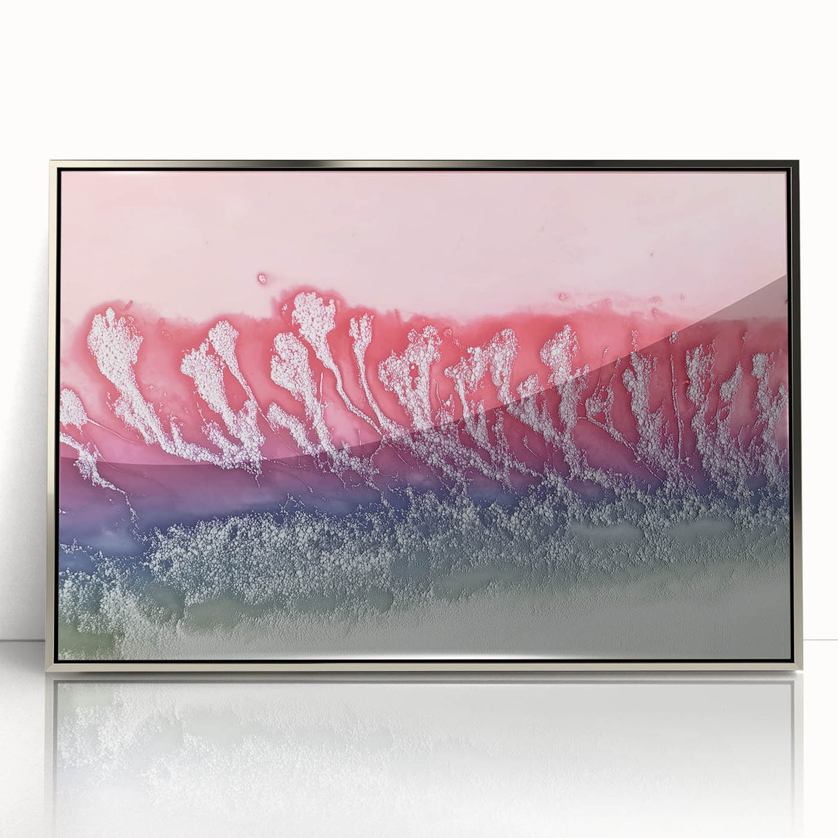 Framed acrylic art piece depicting an abstract landscape in shades of silver and blue, showcasing fluid shapes and textures, ideal for modern decor.