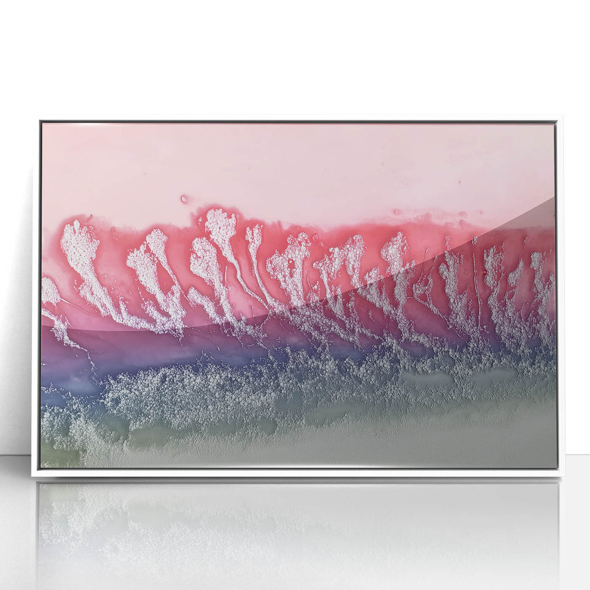 Framed acrylic artwork displaying a vibrant abstract landscape in shades of blue and green, set against a sleek white frame, perfect for modern home decor.