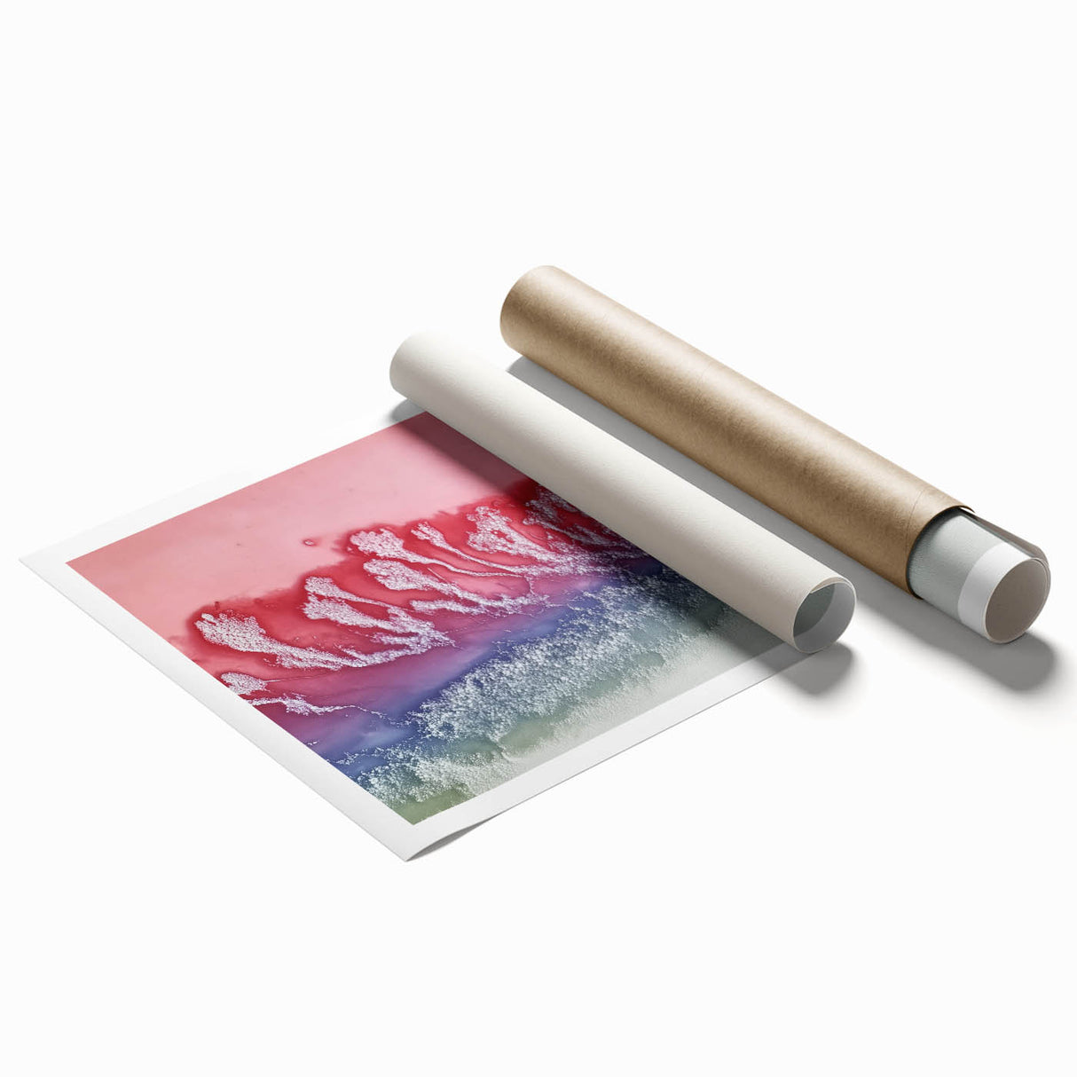 Abstract landscape rolled print showcasing vibrant hues of blue, green, and gold, designed for modern home decor. Ideal for enhancing living spaces with artistic flair.