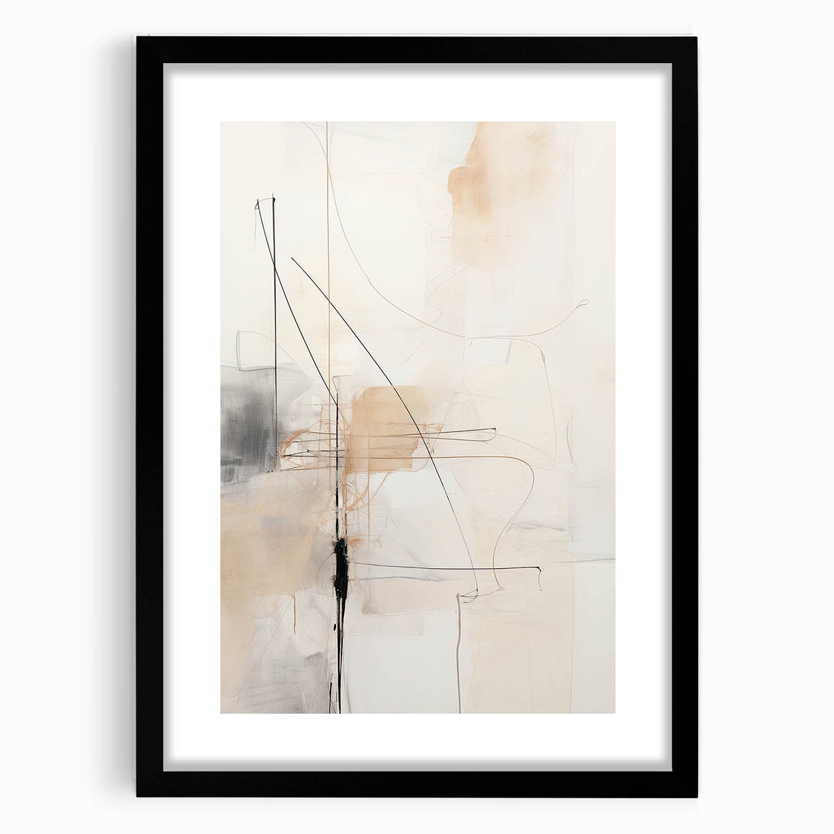 Abstract minimalist wall art framed in black with a mat, showcasing geometric shapes in soft pastels, perfect for modern home decor. Ideal for living rooms or offices, it adds a touch of elegance and creativity to any space.