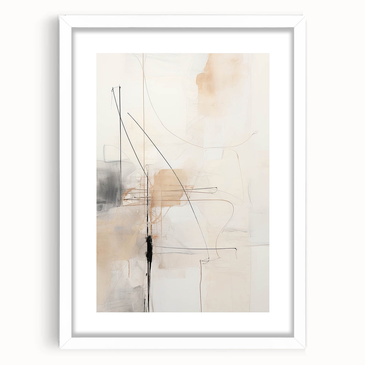 Abstract minimalist wall art design featuring geometric shapes in soft pastel colors, framed with a white mat and stylishly displayed in a contemporary setting.