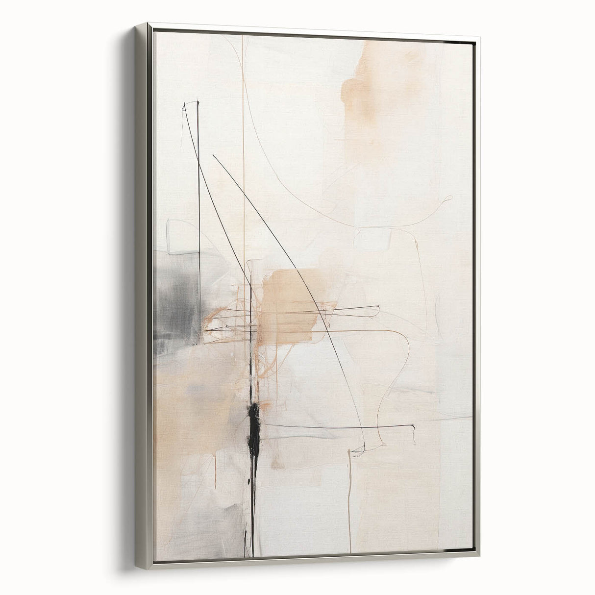 Abstract minimalist wall art featuring a silver-framed canvas with geometric shapes and soft colors, ideal for modern home decor and artistic spaces.