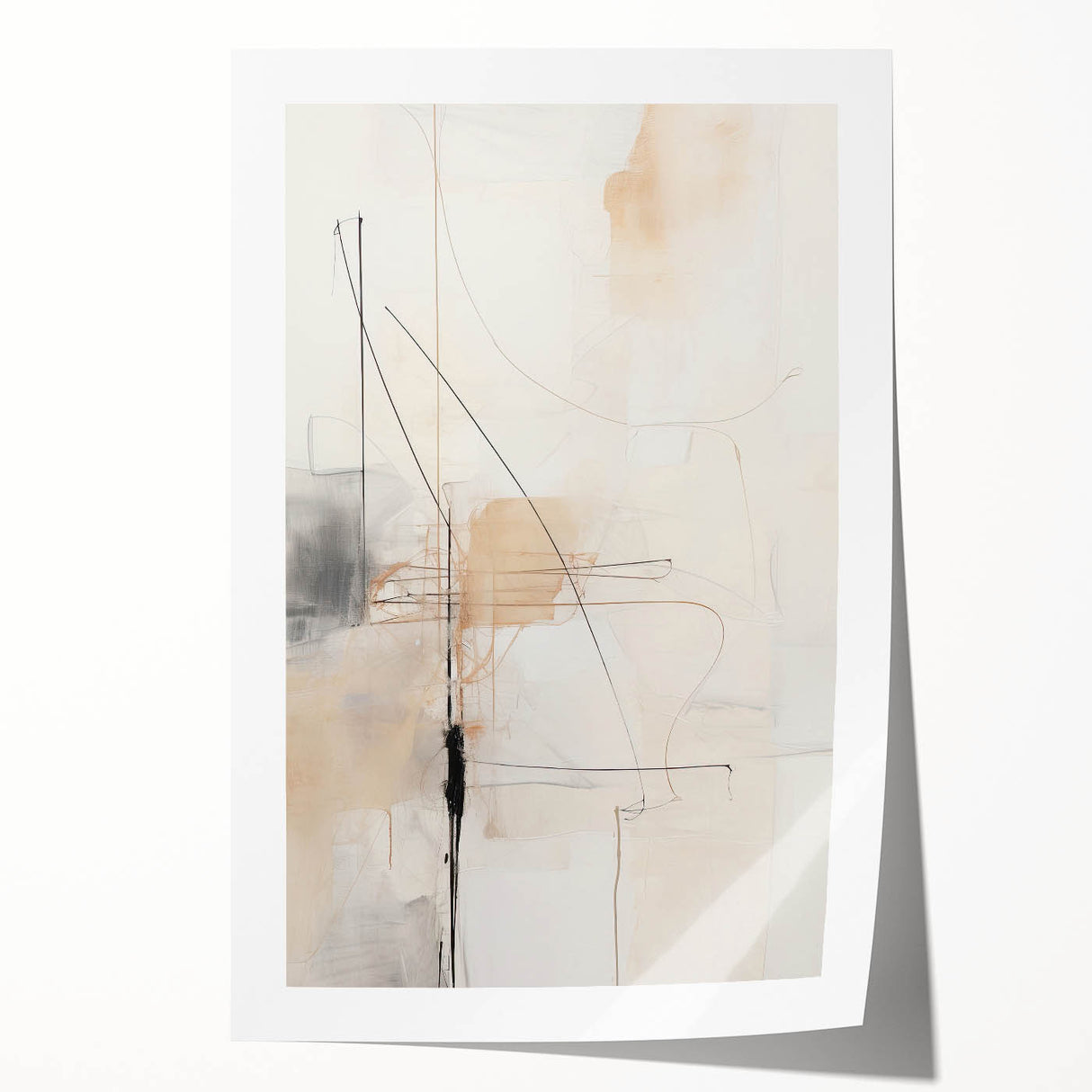 Abstract minimalist wall art print showcasing soft pastel colors and geometric shapes, elegantly rolled and packaged in a protective cardboard tube for shipping.