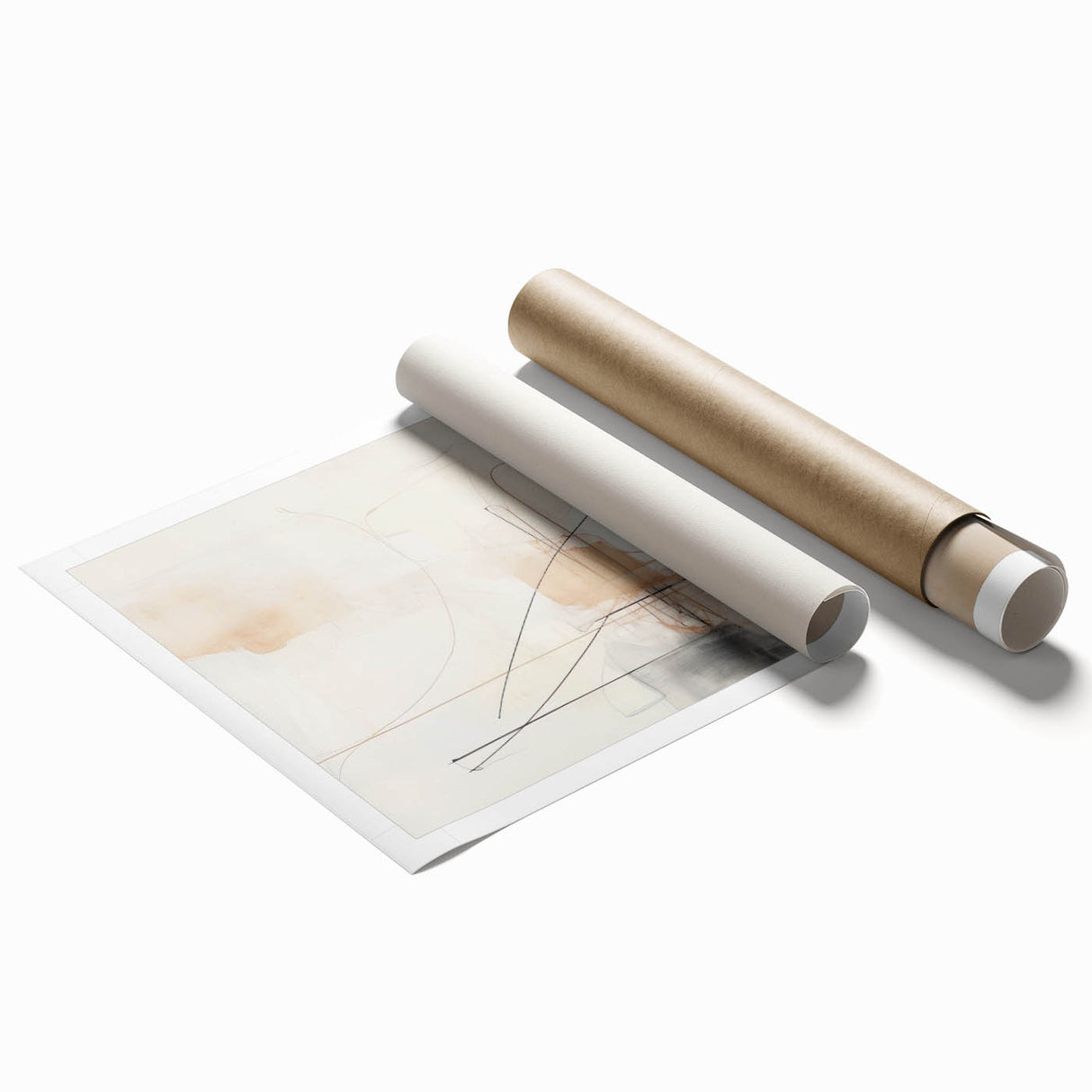 Abstract minimalist wall art print showcasing a blend of soft earth tones and geometric shapes, elegantly rolled and ready for framing or display.