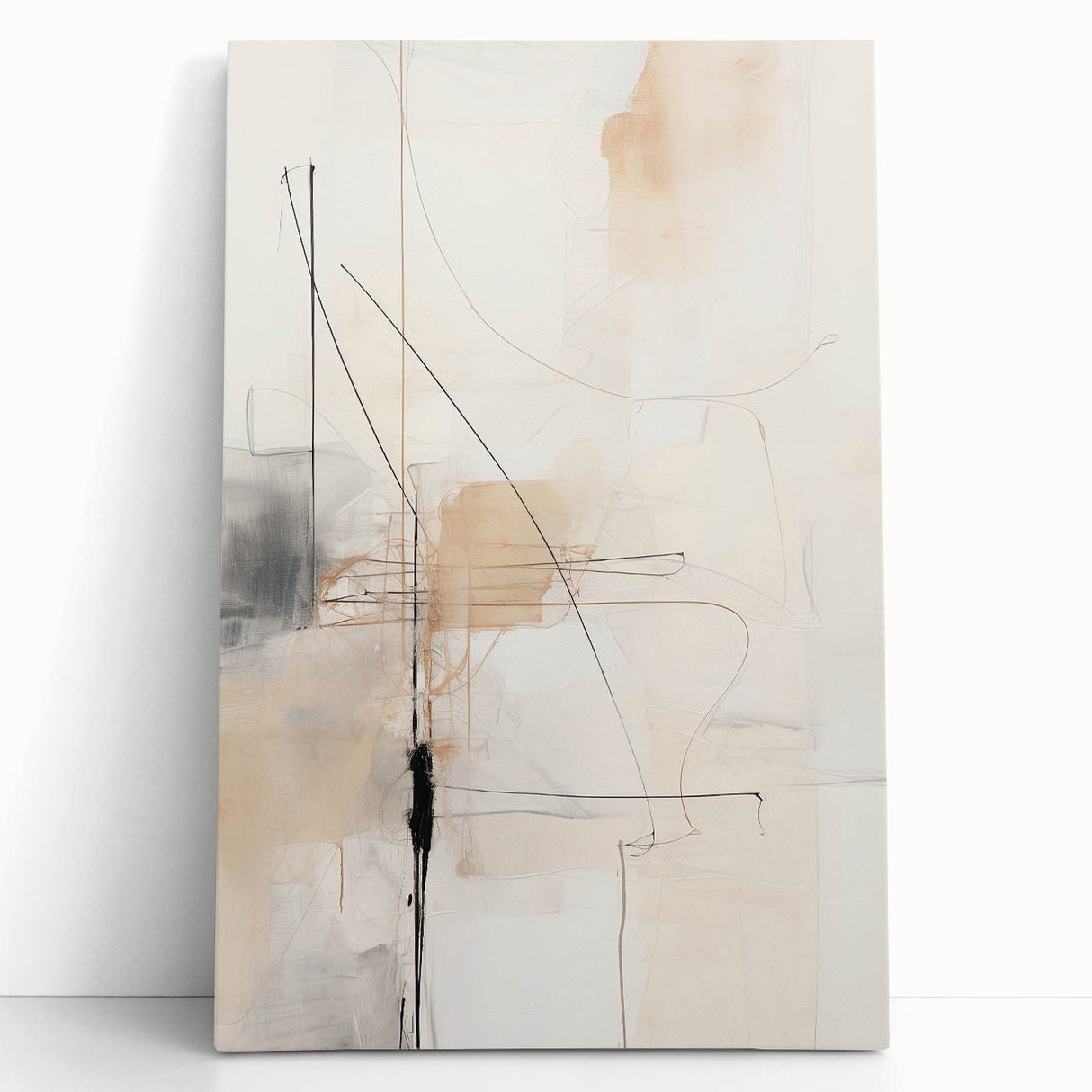 Abstract minimalist wall art on stretched canvas, showcasing soft pastel colors and geometric shapes, leaning against a neutral wall, perfect for modern decor.