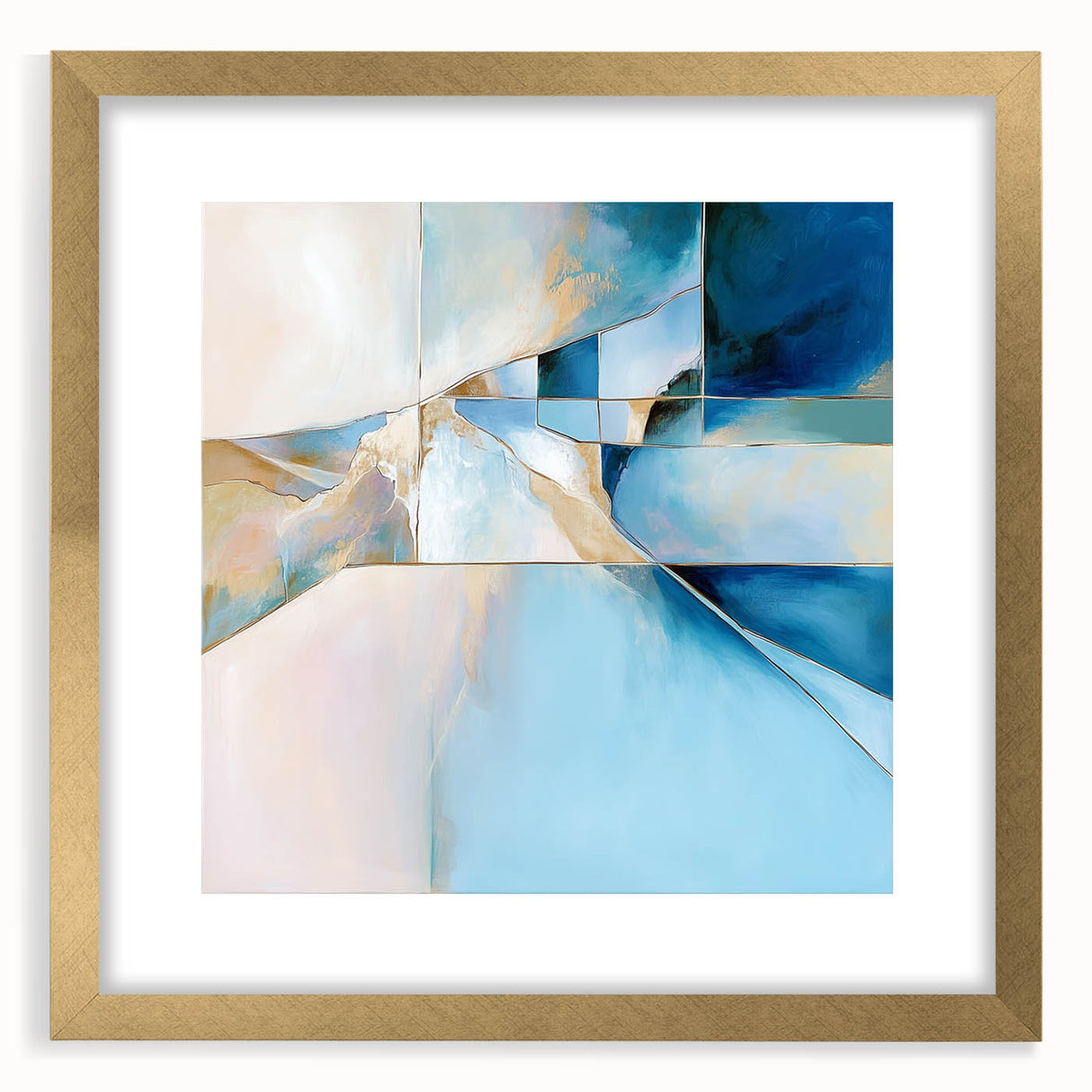 Geometric Abstract Wall Decor – Cool Blue & Gold Modern Canvas