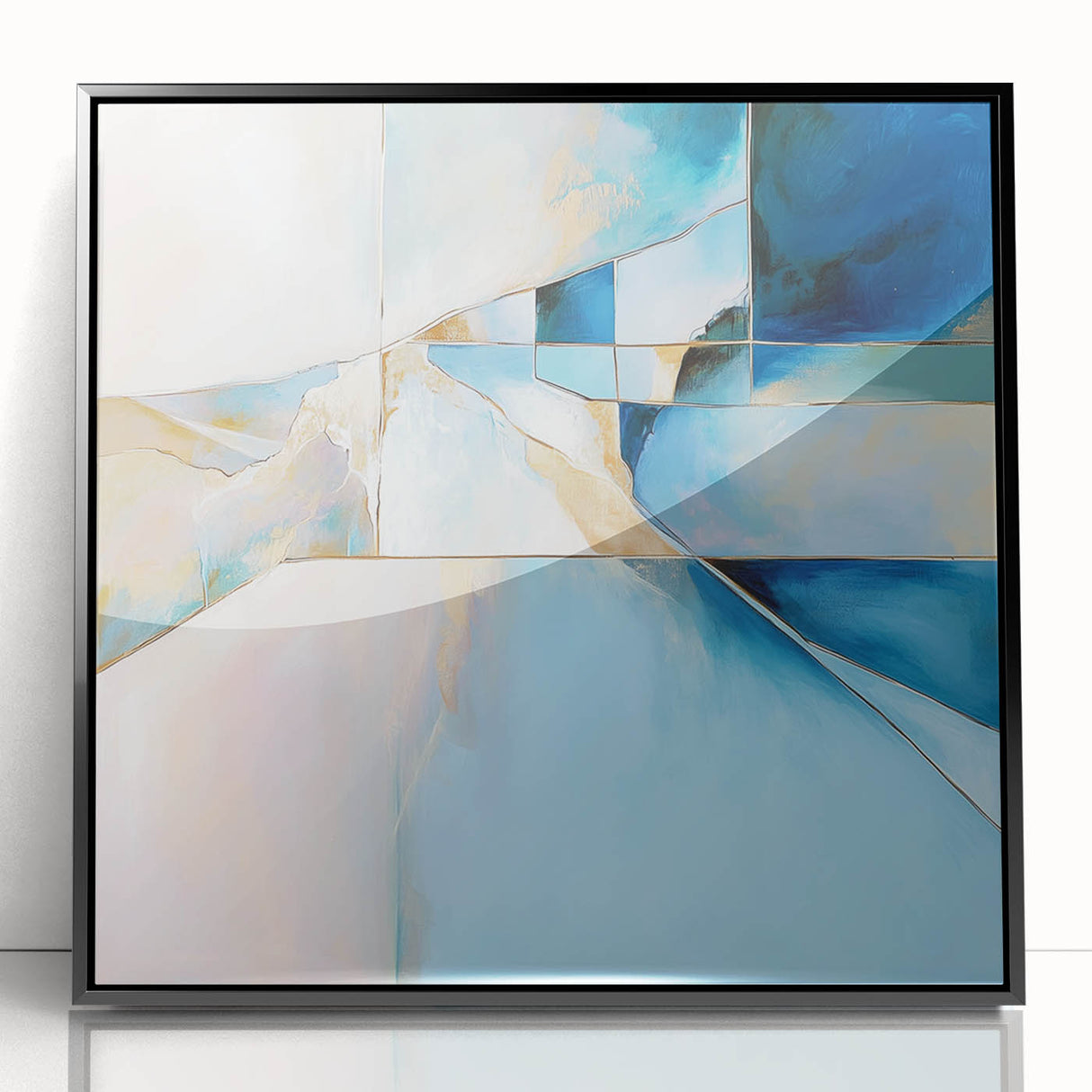 Geometric Abstract Wall Decor – Cool Blue & Gold Modern Canvas