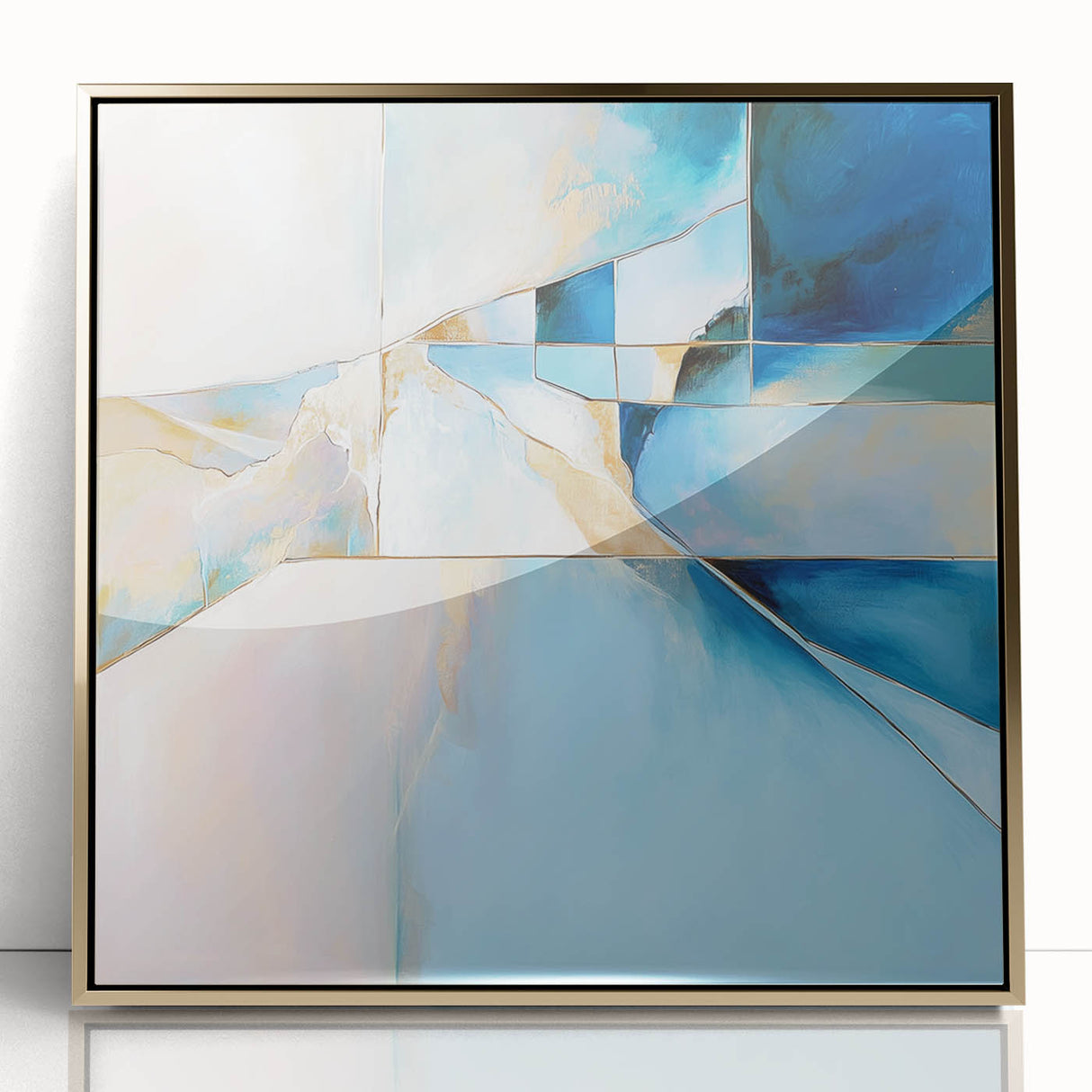 Geometric Abstract Wall Decor – Cool Blue & Gold Modern Canvas