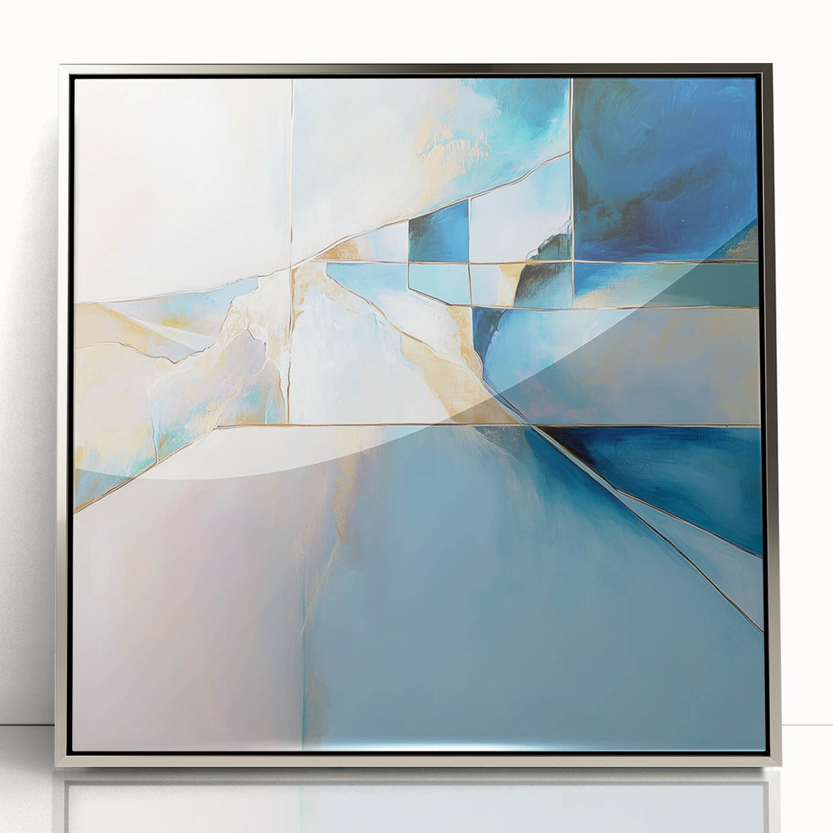 Geometric Abstract Wall Decor – Cool Blue & Gold Modern Canvas