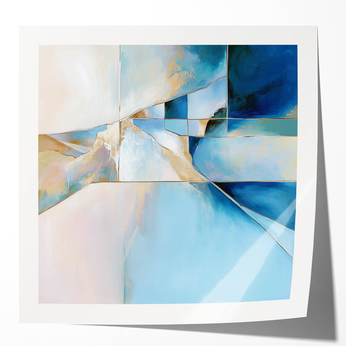 Geometric Abstract Wall Decor – Cool Blue & Gold Modern Canvas
