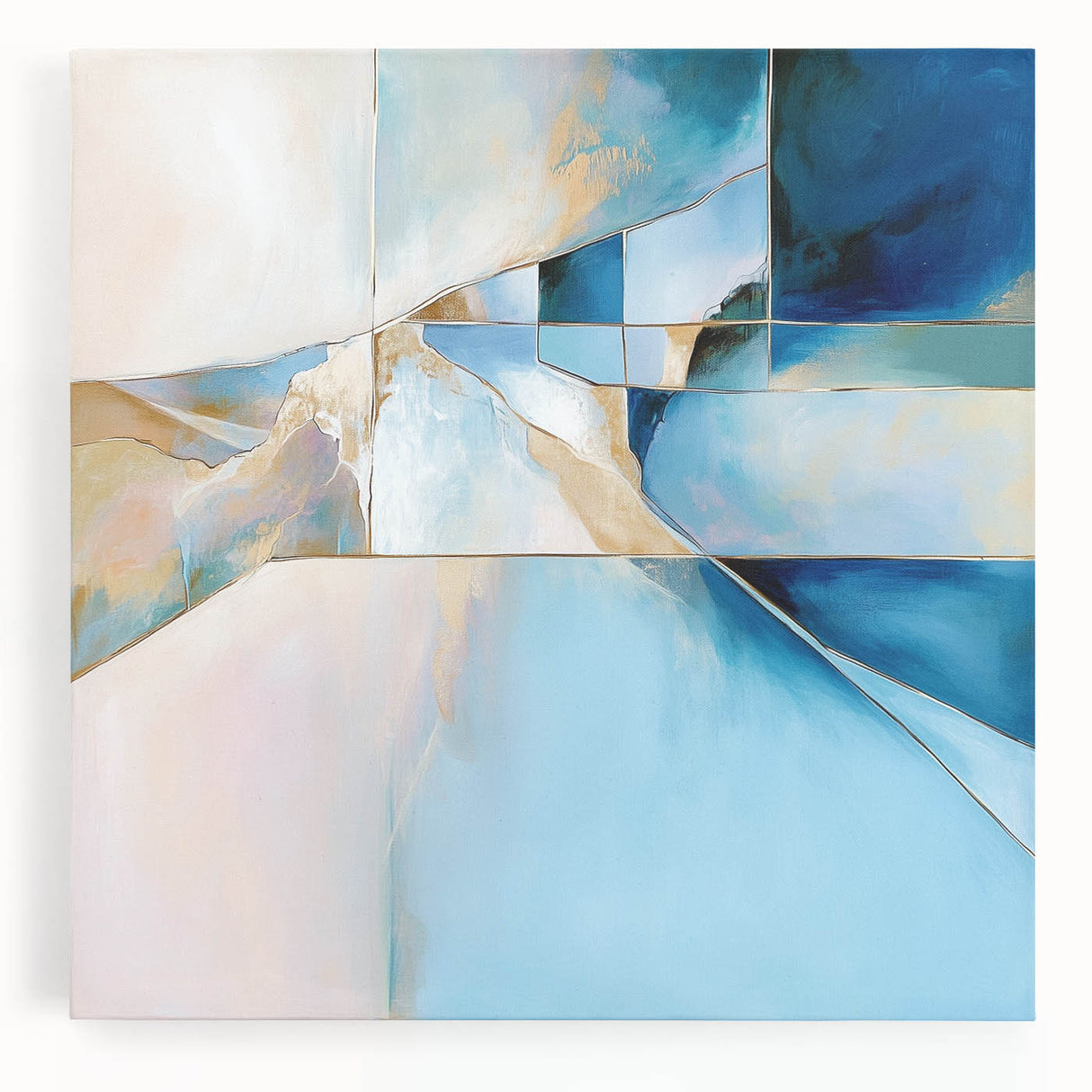 Geometric Abstract Wall Decor – Cool Blue & Gold Modern Canvas
