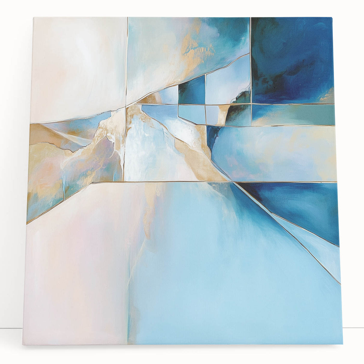 Geometric Abstract Wall Decor – Cool Blue & Gold Modern Canvas