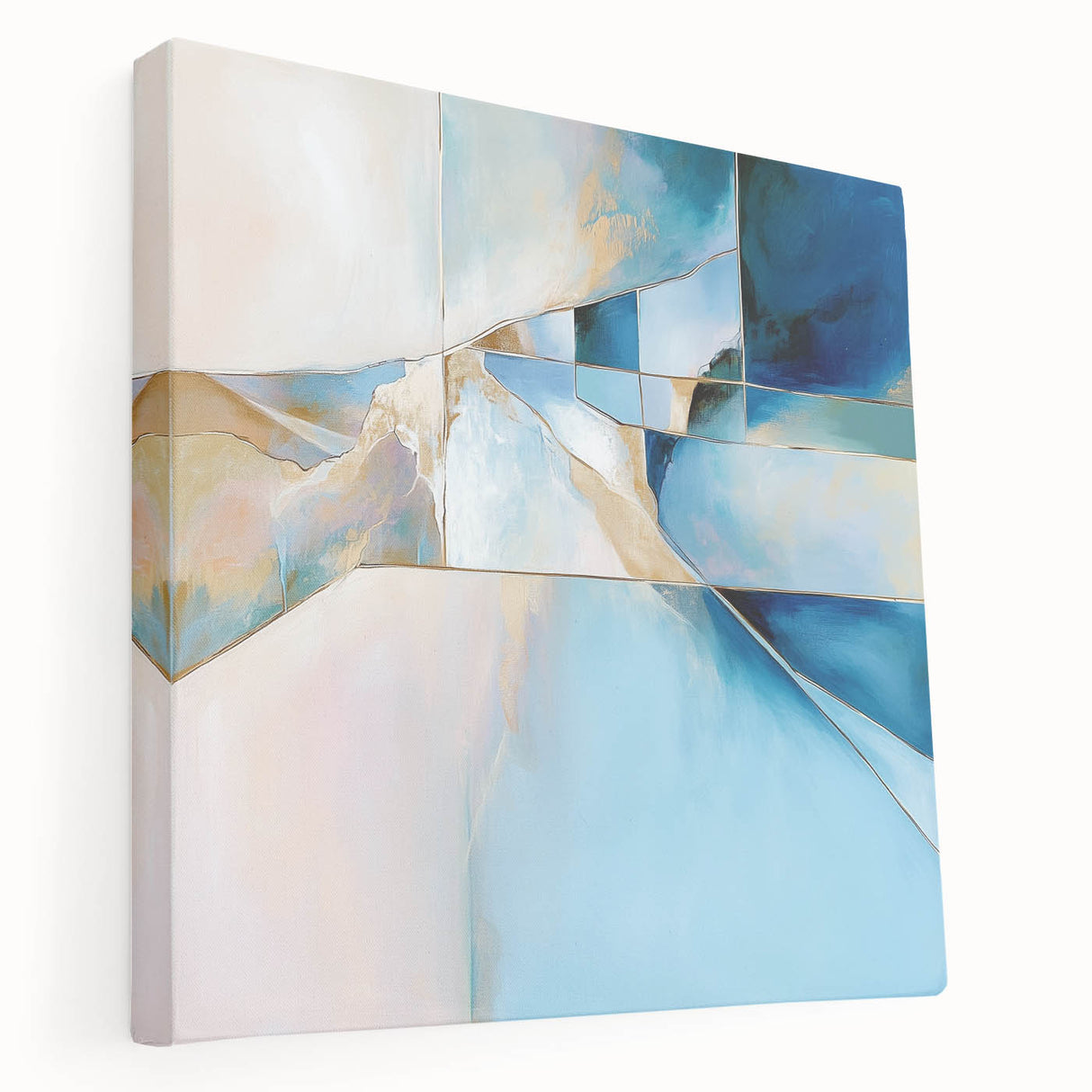 Geometric Abstract Wall Decor – Cool Blue & Gold Modern Canvas