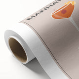 Art deco poster featuring a stylized cocktail glass, in bold black and golden hues on rolled canvas.